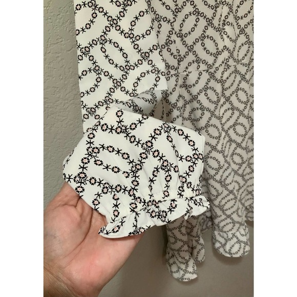 Loft Ruffle Flare Dress White Black Floral Long Sleeve Ruffle Hem size 8 #1094 - Picture 5 of 8